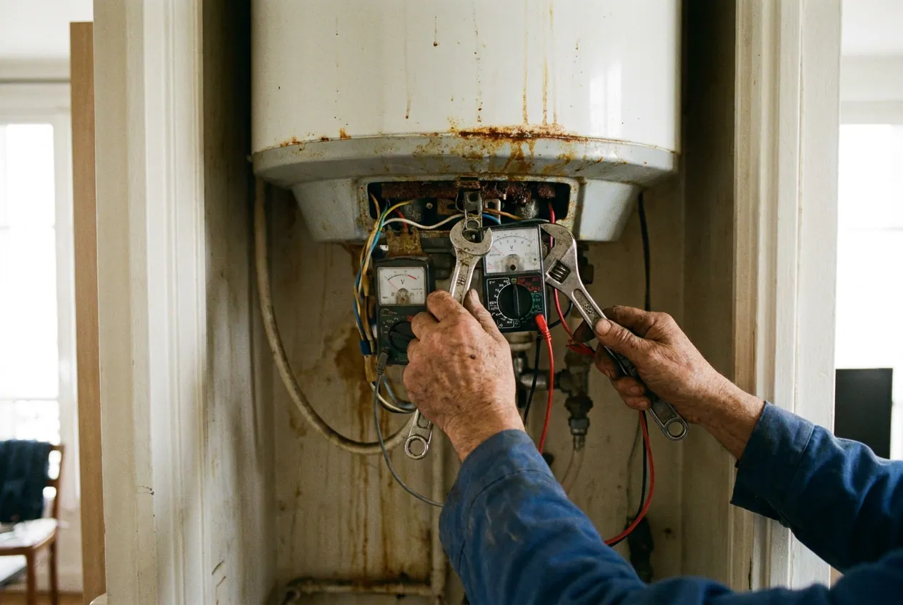 Chauffe-eau électrique en panne dans le placard technique d'un logement du 11e arrondissement de Paris