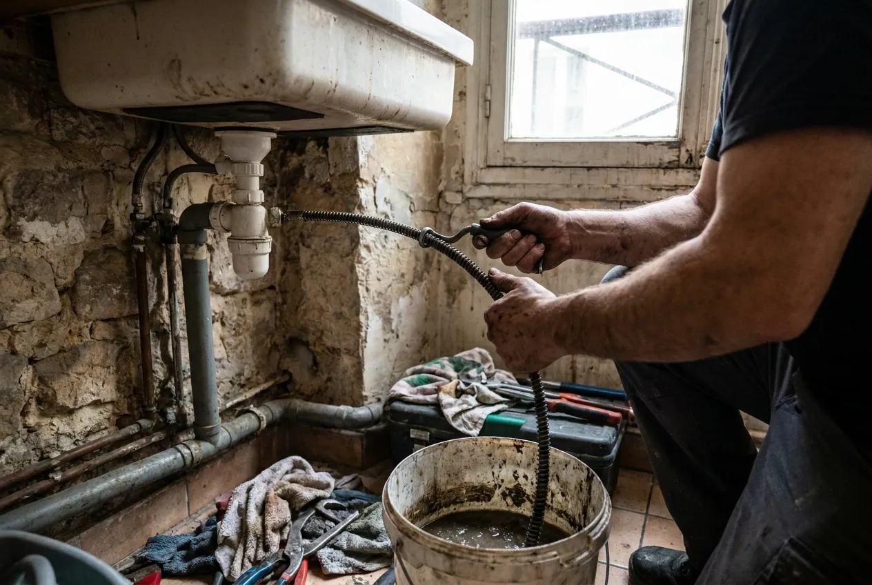 Plombier débouchant une canalisation de cuisine dans un immeuble ancien du 11e arrondissement de Paris