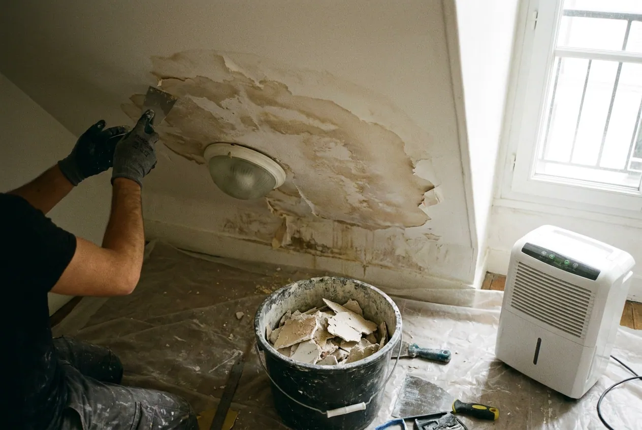 Auréole d'humidité au plafond d'un appartement, dégât des eaux en copropriété à Paris 11e