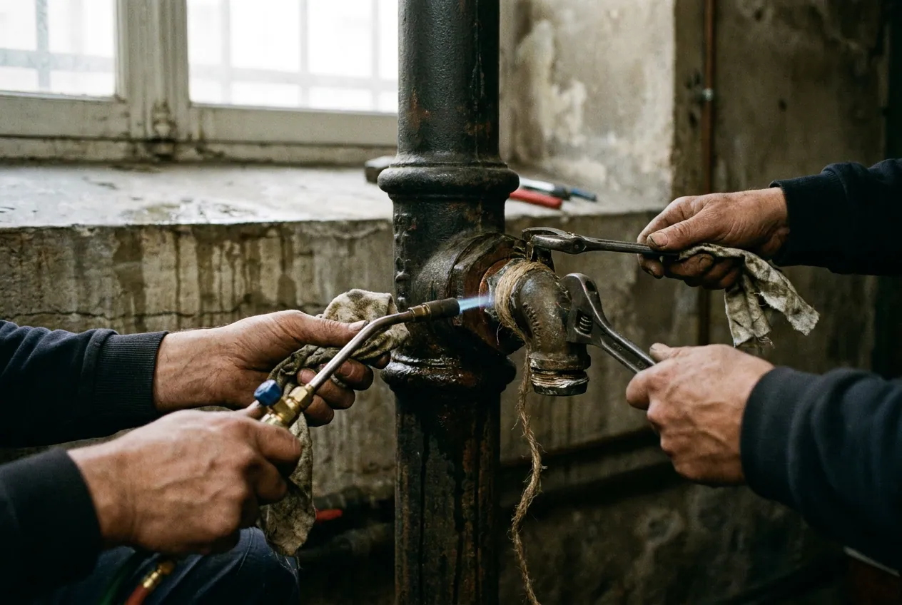 Colonne d'eau en fonte et raccords anciens dans la cave d'un immeuble du 11e arrondissement de Paris