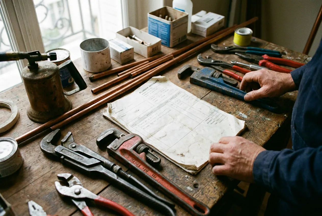 Devis de plombier posé sur une table avec des outils, intervention à Paris 11e